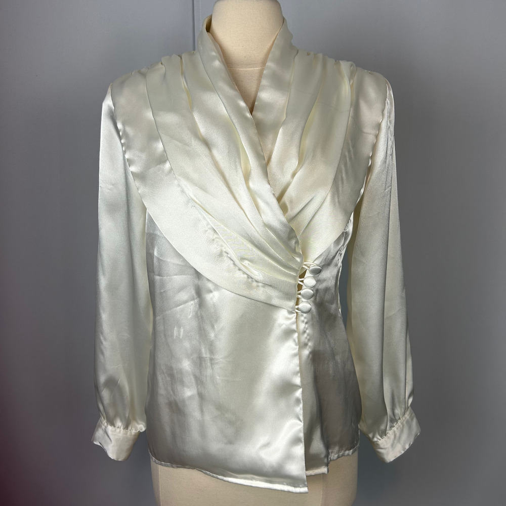 Vintage Blouse Top Size 6 White Satin Oversized Collar Long Sleeve Office 90s